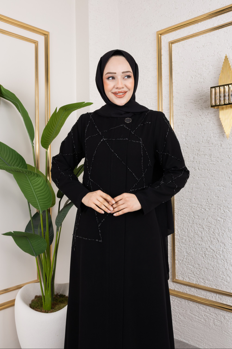 Gizli Fermuarlı Taşlı Ferace(Siyah)