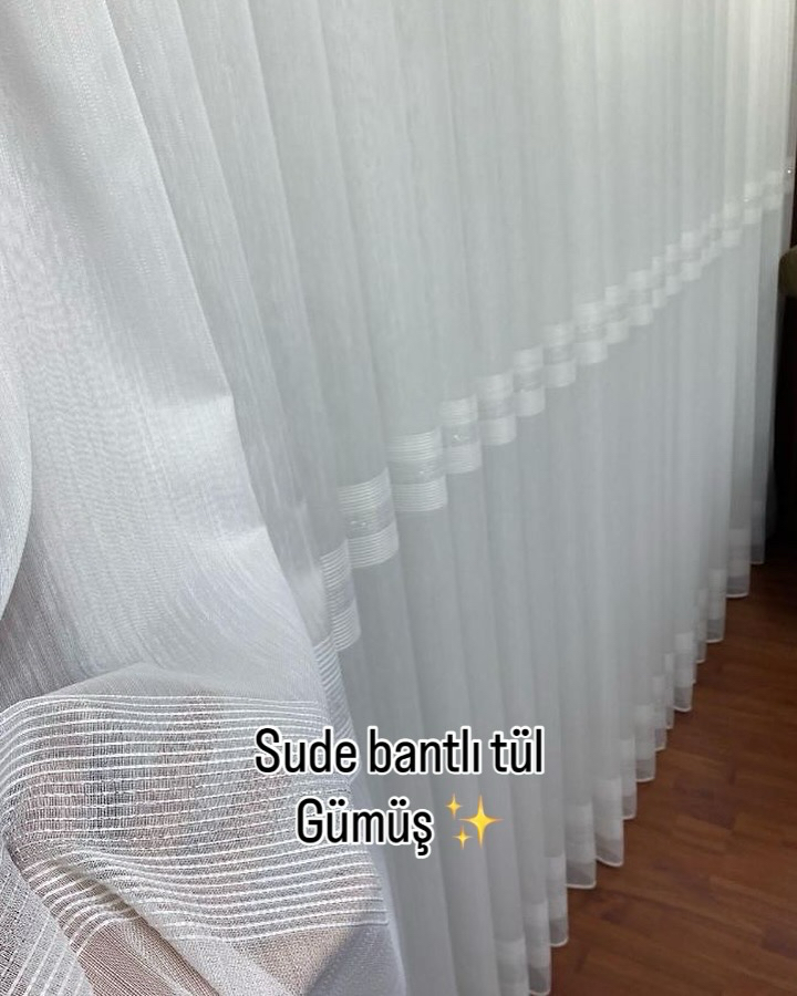 Sude bantlı tül sık pile GÜMÜŞ
