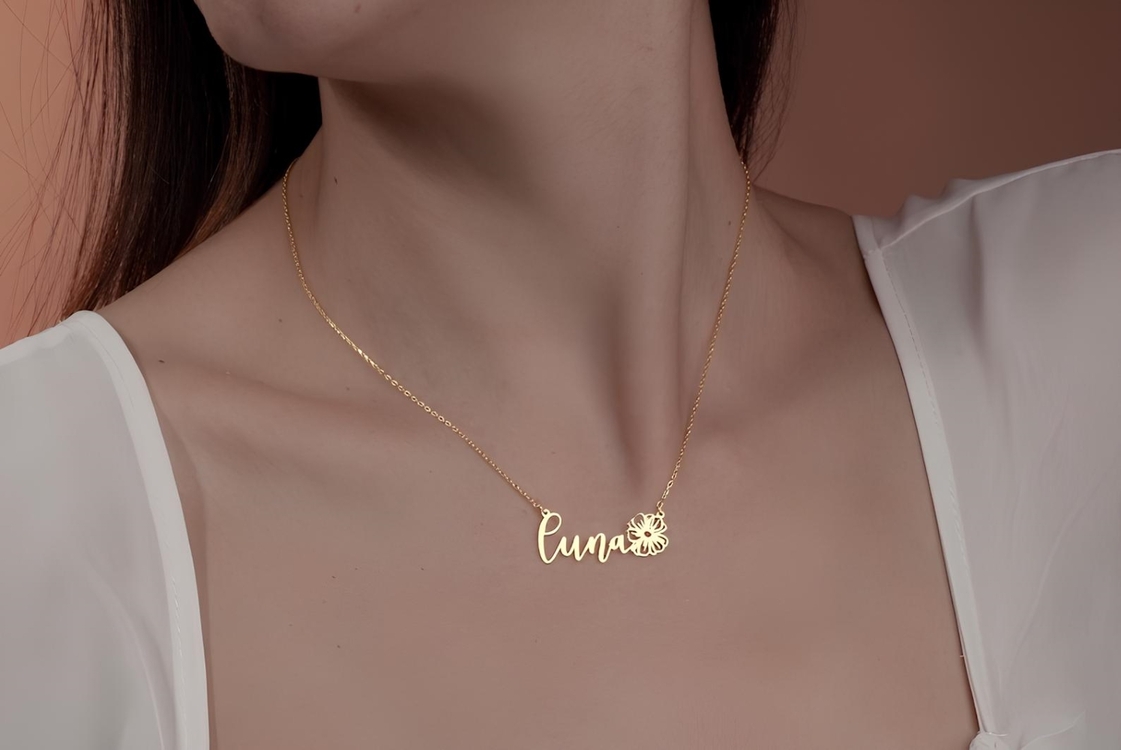 Navan 925 Ayar Gümüş Kişiye Özel Çiçek Detaylı İsim Kolye (Gold, Silver ve Rose)