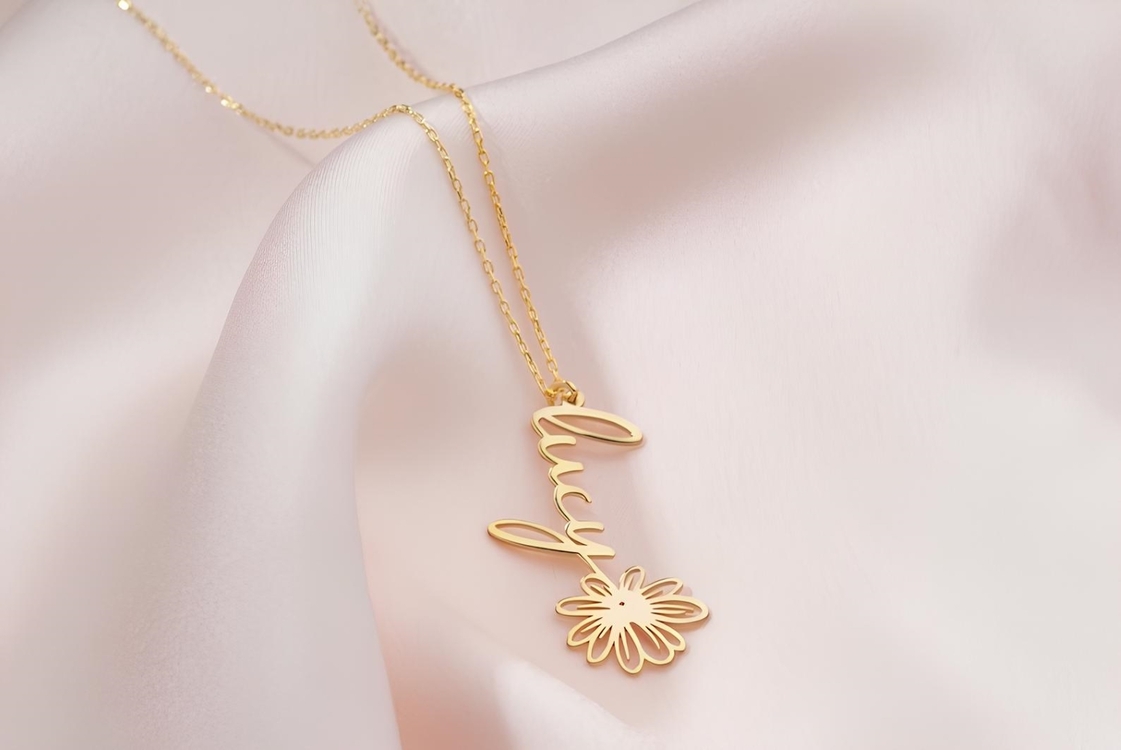 Navan 925 Ayar Gümüş Kişiye Özel Çiçek Detaylı İsim Kolye (Gold, Silver ve Rose)