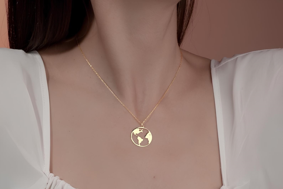 Navan 925 Ayar Gümüş Dünya Haritası Kolye (Gold, Silver ve Rose)