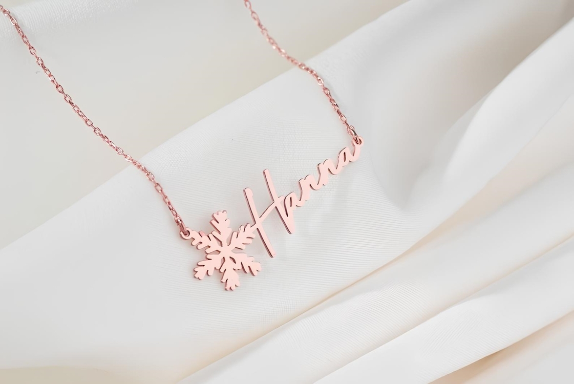 Navan 925 Ayar Gümüş Kişiye Özel Kar Tanesi Detaylı İsim Kolye (Gold, Silver ve Rose)