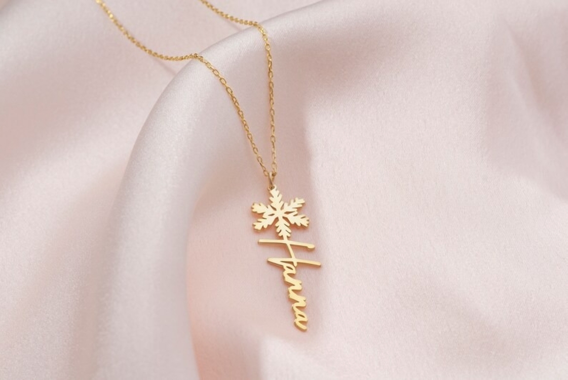 Navan 925 Ayar Gümüş Kar Tanesi Detaylı Kişiye Özel İsim Kolyesi (Gold, Silver ve Rose)