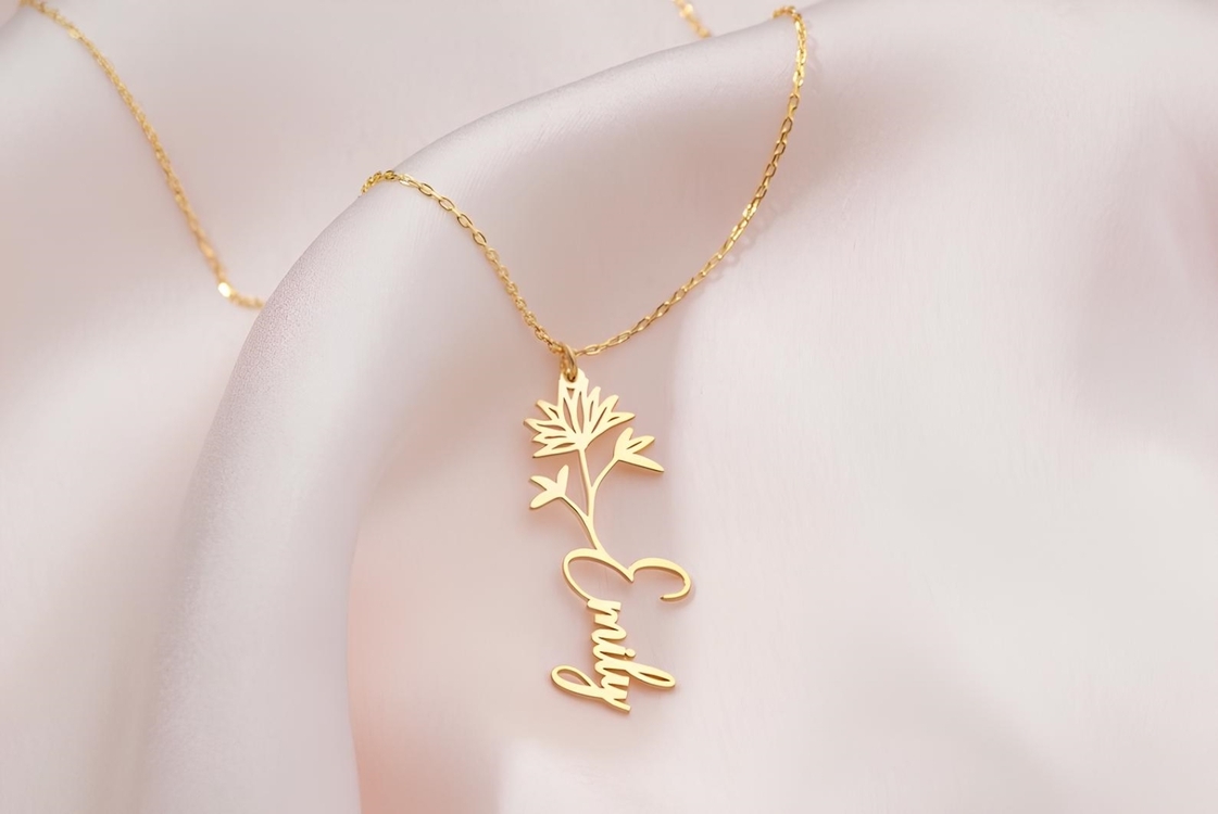 Navan 925 Ayar Gümüş Kişiye Özel Çiçek Detaylı İsim Kolye (Gold, Silver ve Rose) 