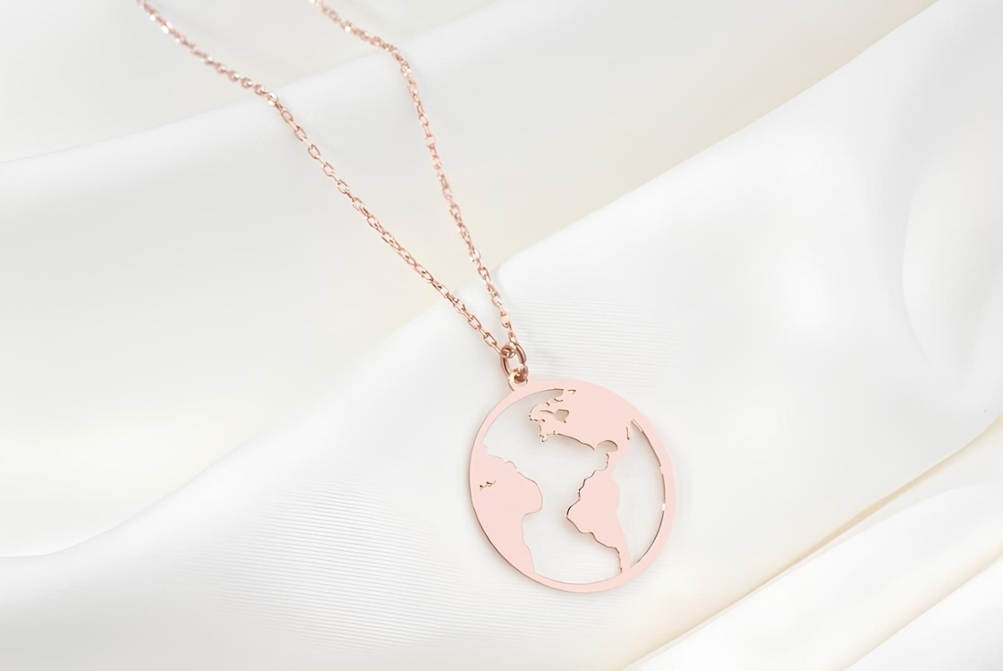 Navan 925 Ayar Gümüş Dünya Haritası Kolye (Gold, Silver ve Rose)