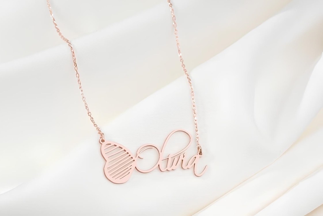 Navan 925 Ayar Gümüş Kişiye Özel Kelebek İsimli Kolye (Gold, Silver ve Rose)