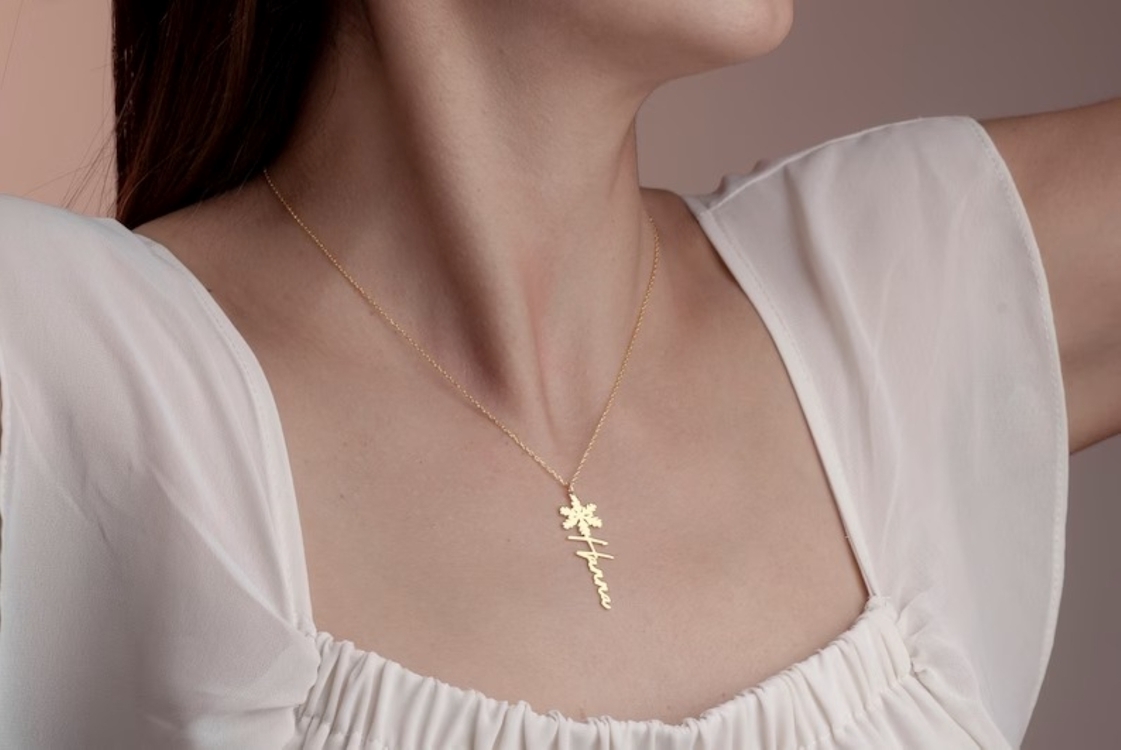 Navan 925 Ayar Gümüş Kar Tanesi Detaylı Kişiye Özel İsim Kolyesi (Gold, Silver ve Rose)