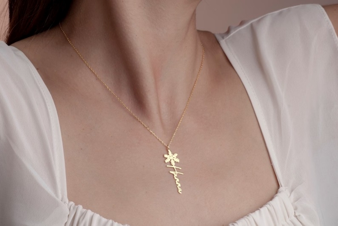 Navan 925 Ayar Gümüş Kar Tanesi Detaylı Kişiye Özel İsim Kolyesi (Gold, Silver ve Rose)