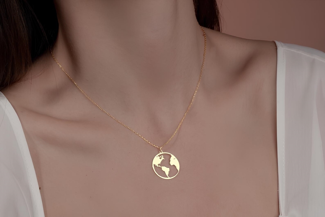Navan 925 Ayar Gümüş Dünya Haritası Kolye (Gold, Silver ve Rose)