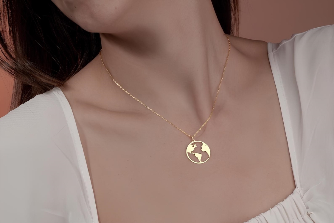 Navan 925 Ayar Gümüş Dünya Haritası Kolye (Gold, Silver ve Rose)