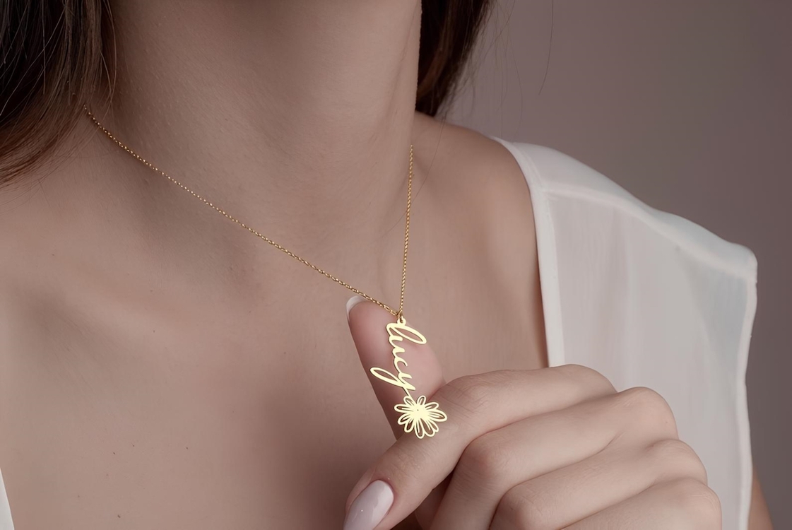 Navan 925 Ayar Gümüş Kişiye Özel Çiçek Detaylı İsim Kolye (Gold, Silver ve Rose)