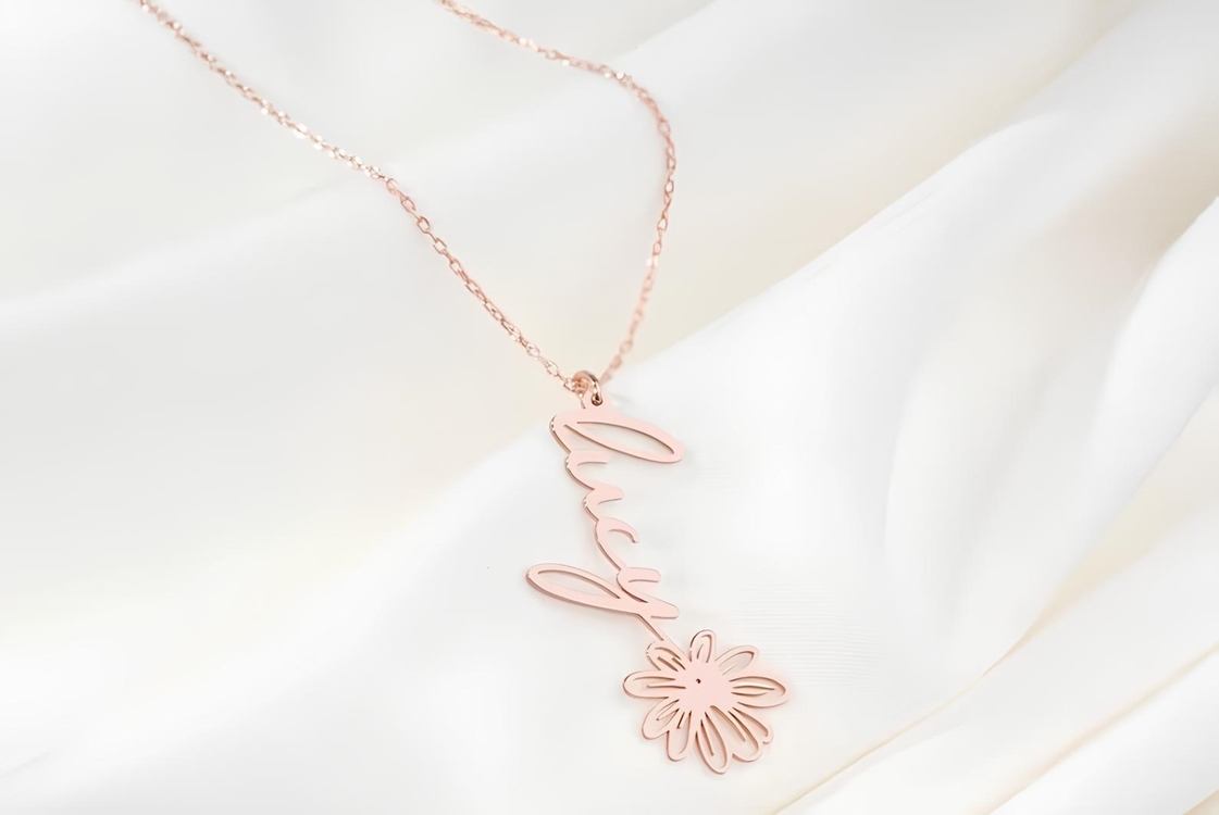 Navan 925 Ayar Gümüş Kişiye Özel Çiçek Detaylı İsim Kolye (Gold, Silver ve Rose)