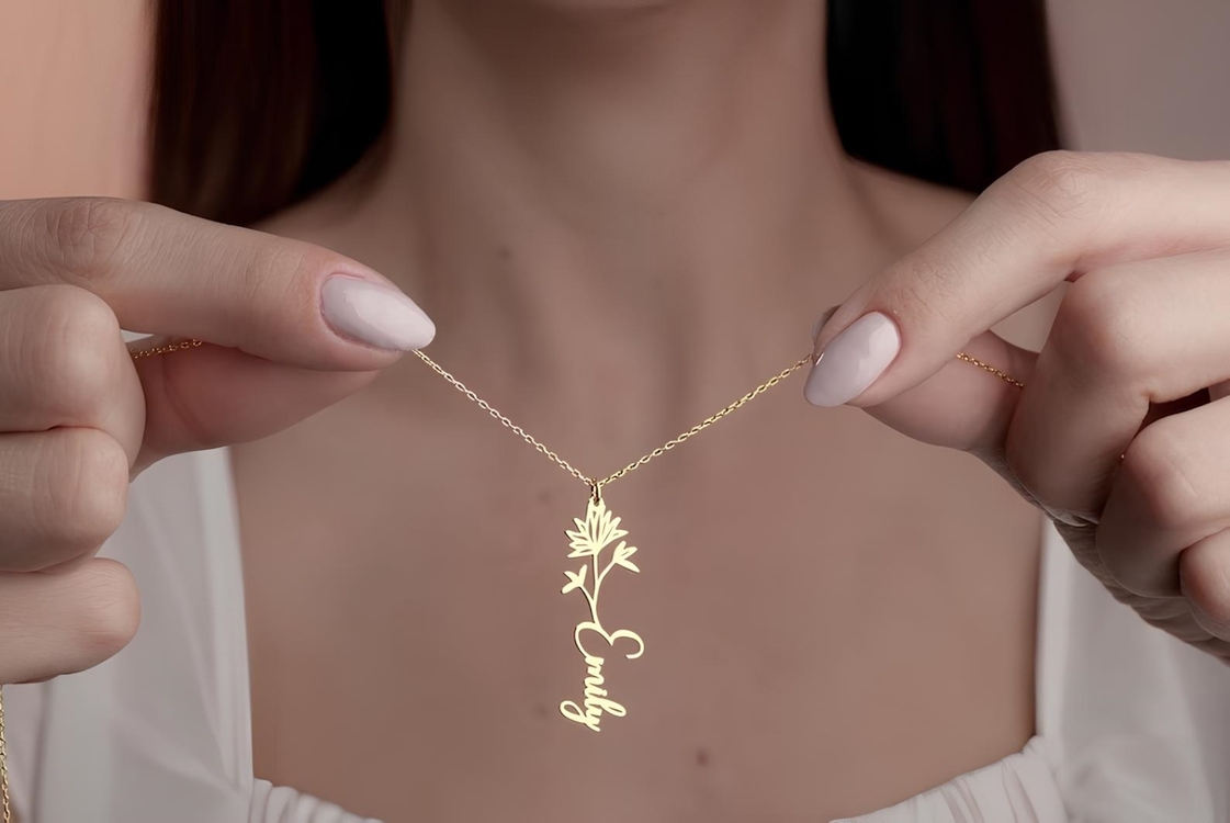 Navan 925 Ayar Gümüş Kişiye Özel Çiçek Detaylı İsim Kolye (Gold, Silver ve Rose) 