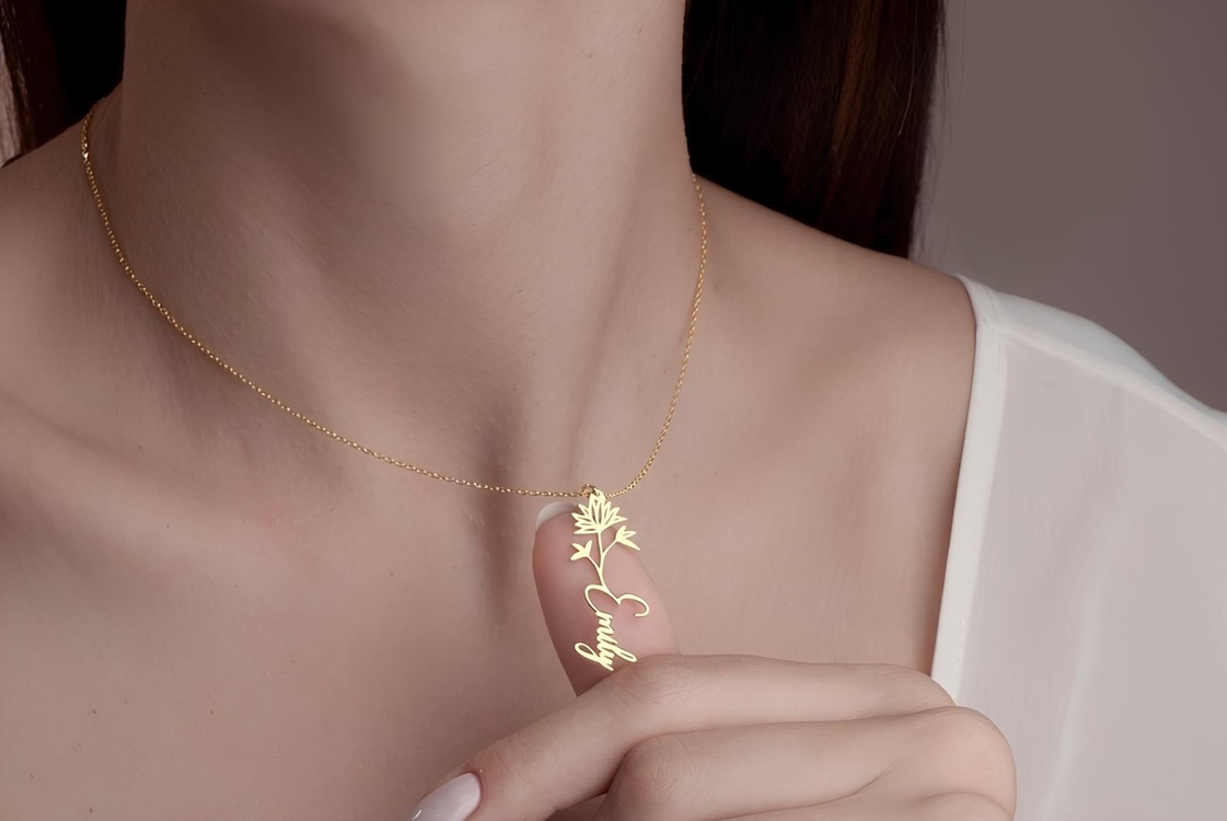 Navan 925 Ayar Gümüş Kişiye Özel Çiçek Detaylı İsim Kolye (Gold, Silver ve Rose) 