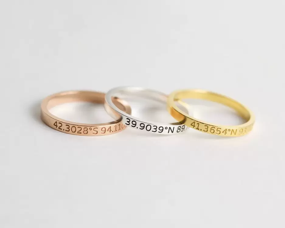 Custom Location Coordinates Ring | Altın Gümüş Rose Kaplama | Özel Tasarım | Kutulu Hediye
