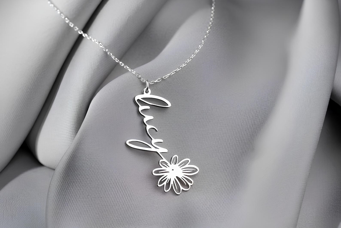 Navan 925 Ayar Gümüş Kişiye Özel Çiçek Detaylı İsim Kolye (Gold, Silver ve Rose)