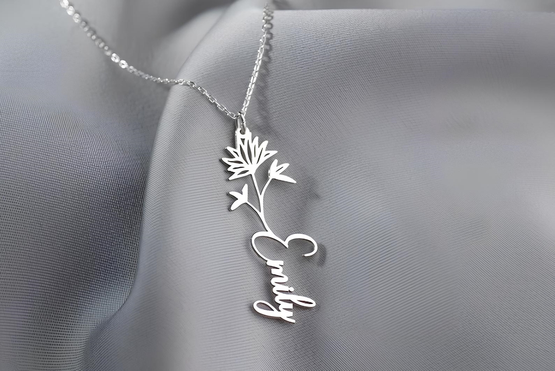 Navan 925 Ayar Gümüş Kişiye Özel Çiçek Detaylı İsim Kolye (Gold, Silver ve Rose) 