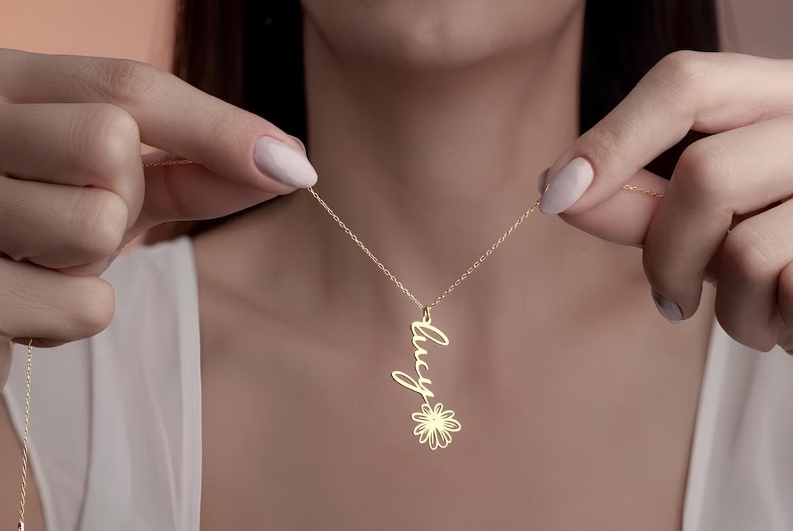 Navan 925 Ayar Gümüş Kişiye Özel Çiçek Detaylı İsim Kolye (Gold, Silver ve Rose)