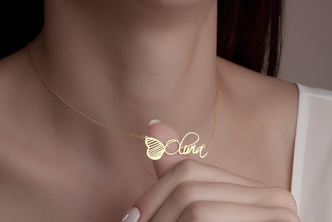 Navan 925 Ayar Gümüş Kişiye Özel Kelebek İsimli Kolye (Gold, Silver ve Rose)