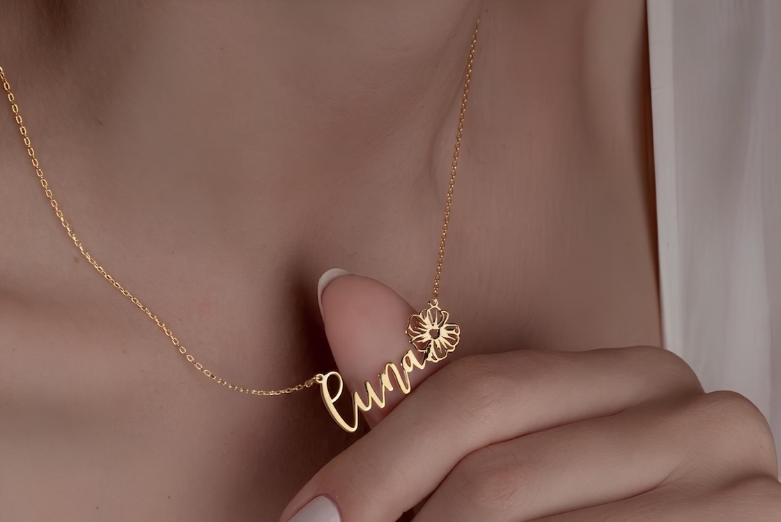 Navan 925 Ayar Gümüş Kişiye Özel Çiçek Detaylı İsim Kolye (Gold, Silver ve Rose)