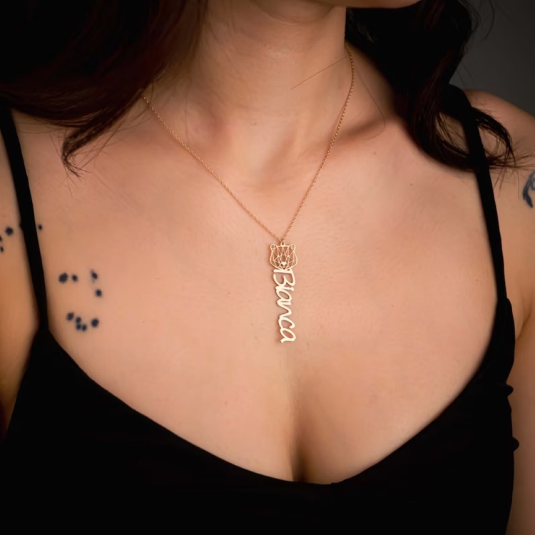 Navan 925 Ayar Gümüş Kişiye Özel Geometrik Kedi İsim Kolye (Gold, Silver ve Rose)