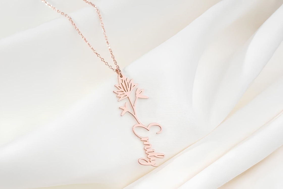 Navan 925 Ayar Gümüş Kişiye Özel Çiçek Detaylı İsim Kolye (Gold, Silver ve Rose) 