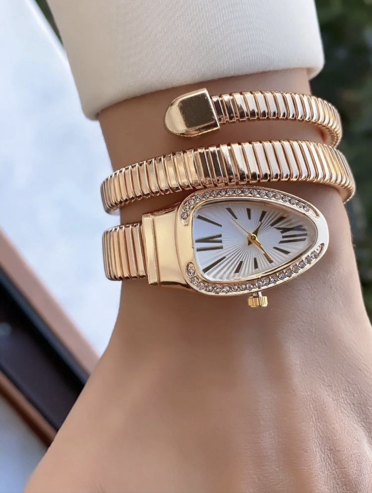 Taş Detaylı Altın Renk Spiral Kadın Saat Bileklik – Paslanmaz Çelik
