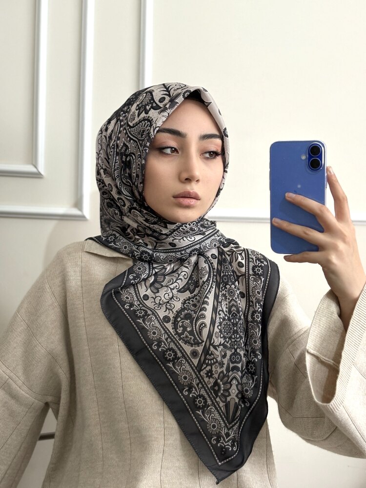FÜME-SİYAH/ ETNİK DESEN PAMUK EŞARP