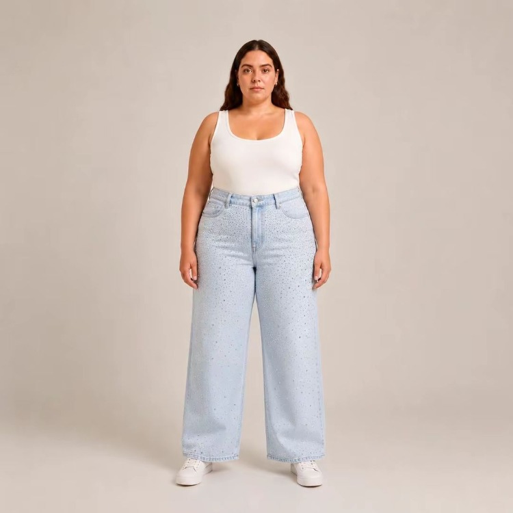 KADIN-BÜYÜK BEDEN JEANS GENİŞ PAÇA SERPME TAŞLI KOT PANTOLON-Açık Buz