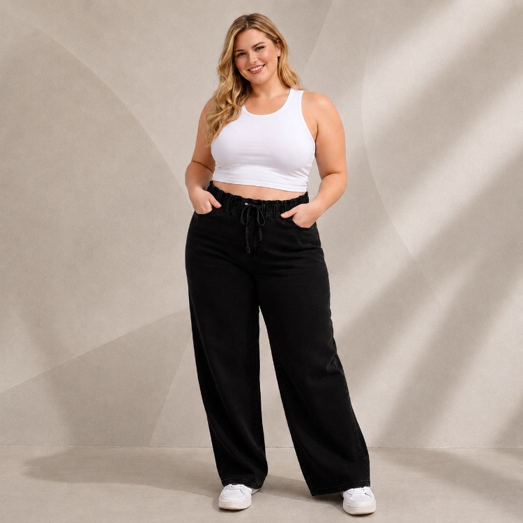 Yeni Sezon-Yüksek Bel Lastikli Wide Leg Pantolon - Esnek ve Rahat Kesim Jean-Siyah
