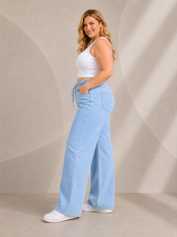 Yeni Sezon-Yüksek Bel Lastikli Wide Leg Pantolon - Esnek ve Rahat Kesim Jean-Buz Mavisi