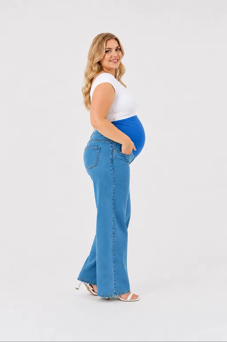 Büyük Beden Hamile Kot Pantolon -Karın Destekli ve Ayarlanabilir Belli Jeans