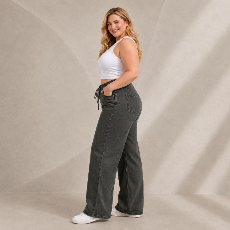 Yeni Sezon-Yüksek Bel Lastikli Wide Leg Pantolon - Esnek ve Rahat Kesim Jean-Gri