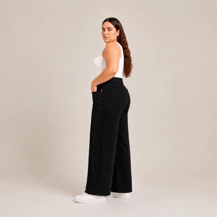 KADIN-BÜYÜK BEDEN JEANS GENİŞ PAÇA SERPME TAŞLI KOT PANTOLON-Siyah