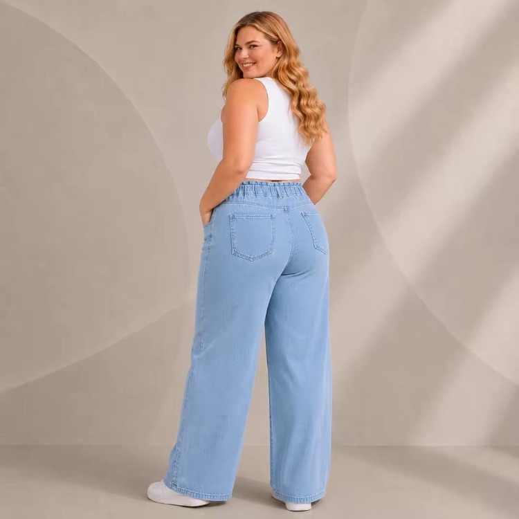 Yeni Sezon-Yüksek Bel Lastikli Wide Leg Pantolon - Esnek ve Rahat Kesim Jean-Kot Mavisi