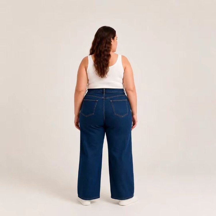 KADIN-BÜYÜK BEDEN JEANS GENİŞ PAÇA SERPME TAŞLI KOT PANTOLON-Koyu Kot Mavi