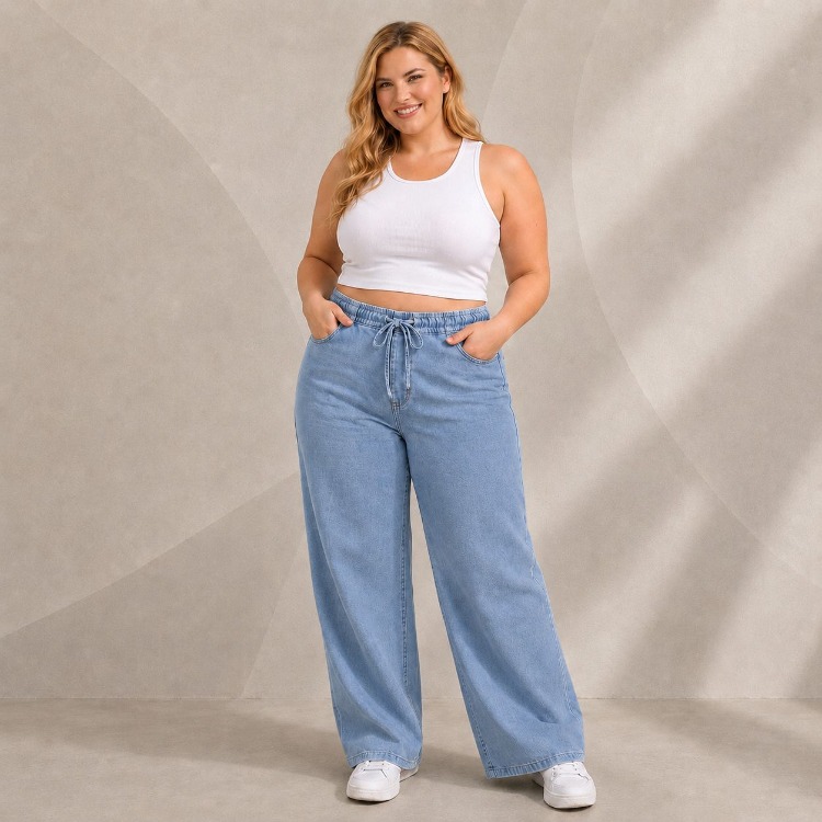 Yeni Sezon-Yüksek Bel Lastikli Wide Leg Pantolon - Esnek ve Rahat Kesim Jean-Orta Kot Mavi