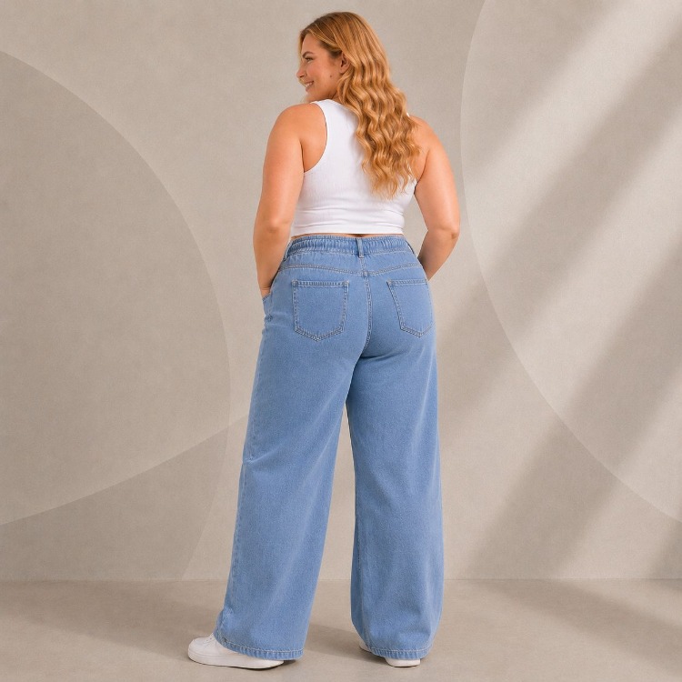Yeni Sezon-Yüksek Bel Lastikli Wide Leg Pantolon - Esnek ve Rahat Kesim Jean-Orta Kot Mavi