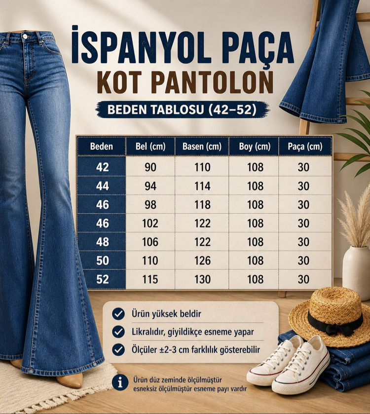 Premium Yüksek Bel Toparlayıcı Esnek Rahat Kalıp İspanyol Paça Kot Pantolon