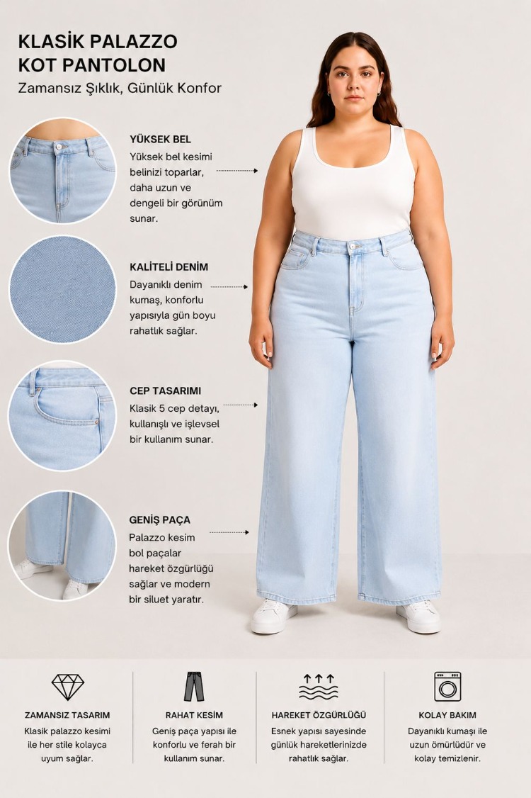 WİDE LEG JEANS PREMİUM KADIN EXTRA BÜYÜK BEDEN SÜPER YÜKSEK BEL ESNEK KOT-Açık Buz