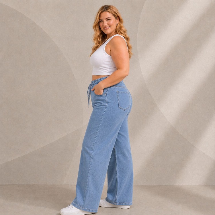 Yeni Sezon-Yüksek Bel Lastikli Wide Leg Pantolon - Esnek ve Rahat Kesim Jean-Orta Kot Mavi