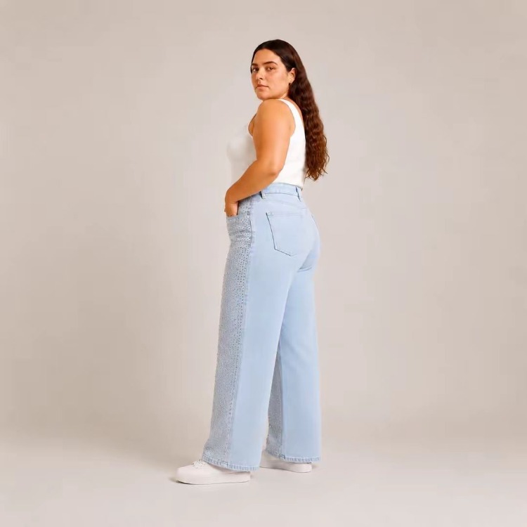 KADIN-BÜYÜK BEDEN JEANS GENİŞ PAÇA SERPME TAŞLI KOT PANTOLON-Açık Buz