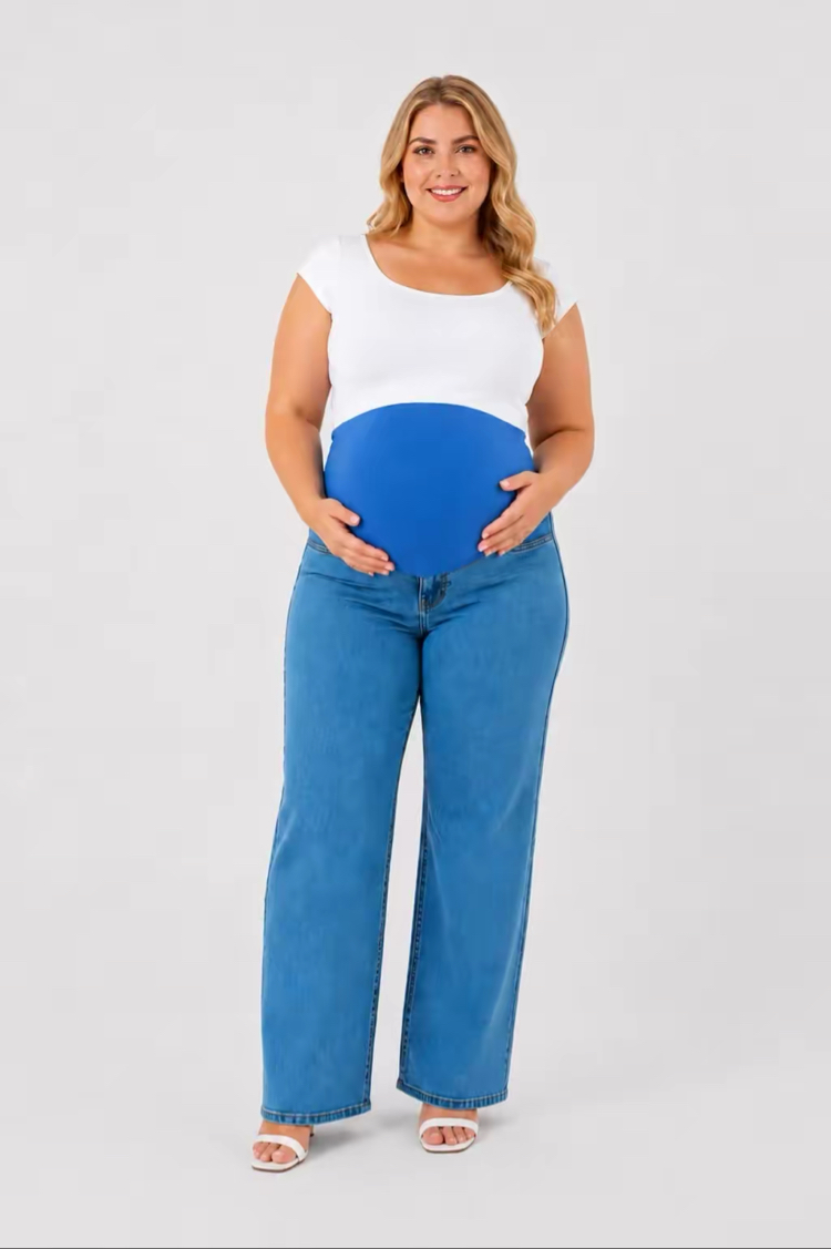 Büyük Beden Hamile Kot Pantolon -Karın Destekli ve Ayarlanabilir Belli Jeans