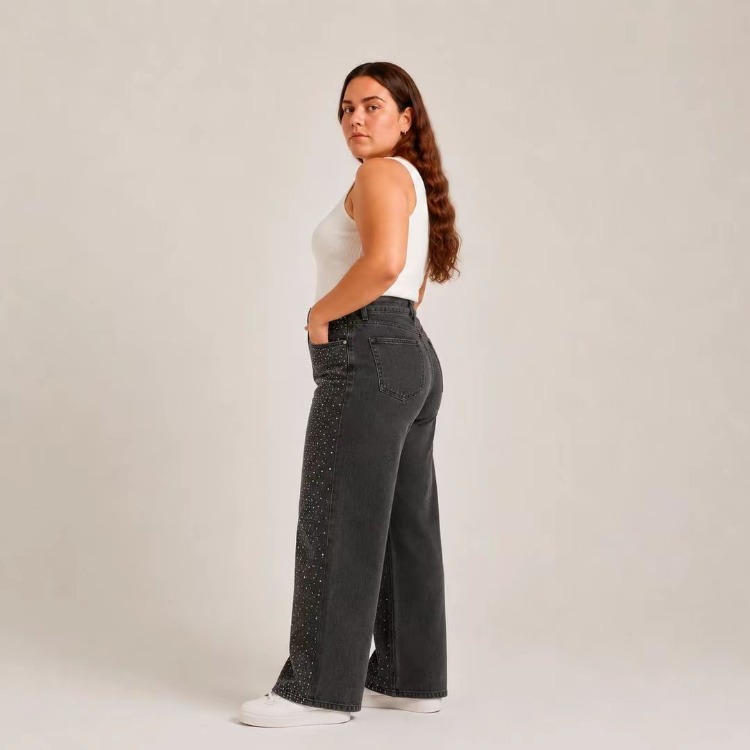 KADIN-BÜYÜK BEDEN JEANS GENİŞ PAÇA SERPME TAŞLI KOT PANTOLON-Gri