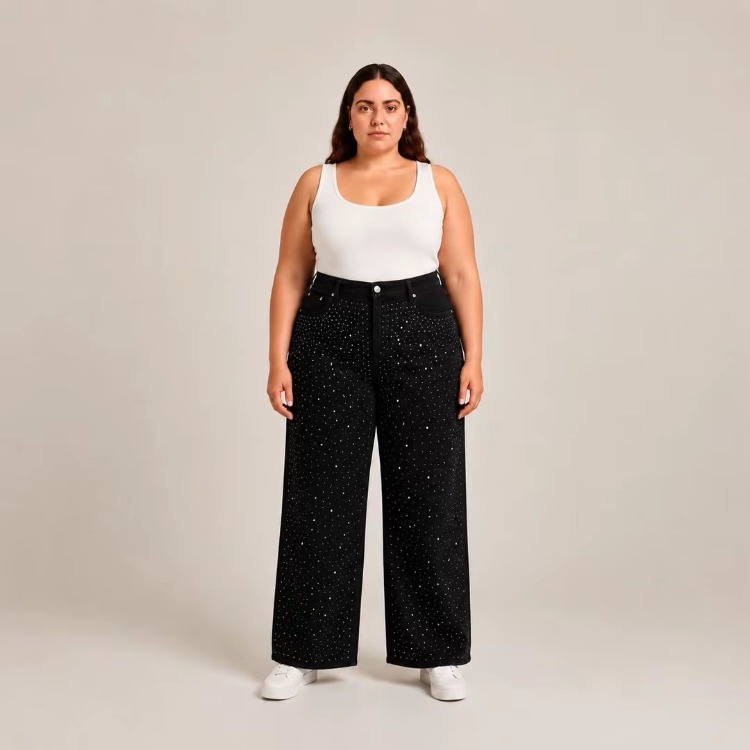 KADIN-BÜYÜK BEDEN JEANS GENİŞ PAÇA SERPME TAŞLI KOT PANTOLON-Siyah