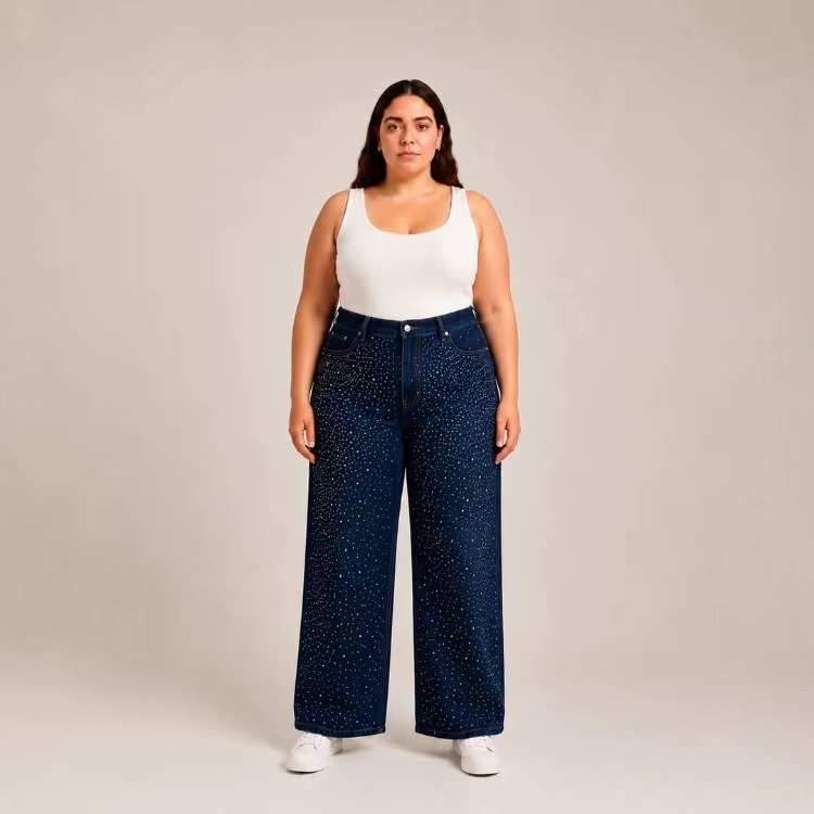 KADIN-BÜYÜK BEDEN JEANS GENİŞ PAÇA SERPME TAŞLI KOT PANTOLON-Koyu Kot Mavi