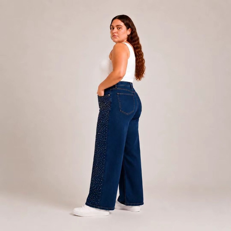 KADIN-BÜYÜK BEDEN JEANS GENİŞ PAÇA SERPME TAŞLI KOT PANTOLON-Koyu Kot Mavi