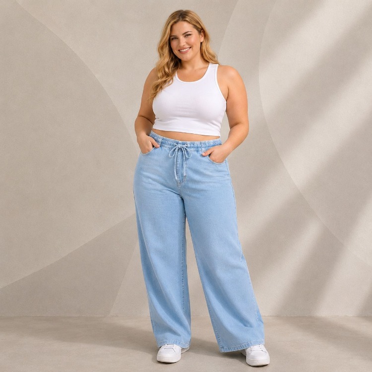 Yeni Sezon-Yüksek Bel Lastikli Wide Leg Pantolon - Esnek ve Rahat Kesim Jean-Buz Mavisi