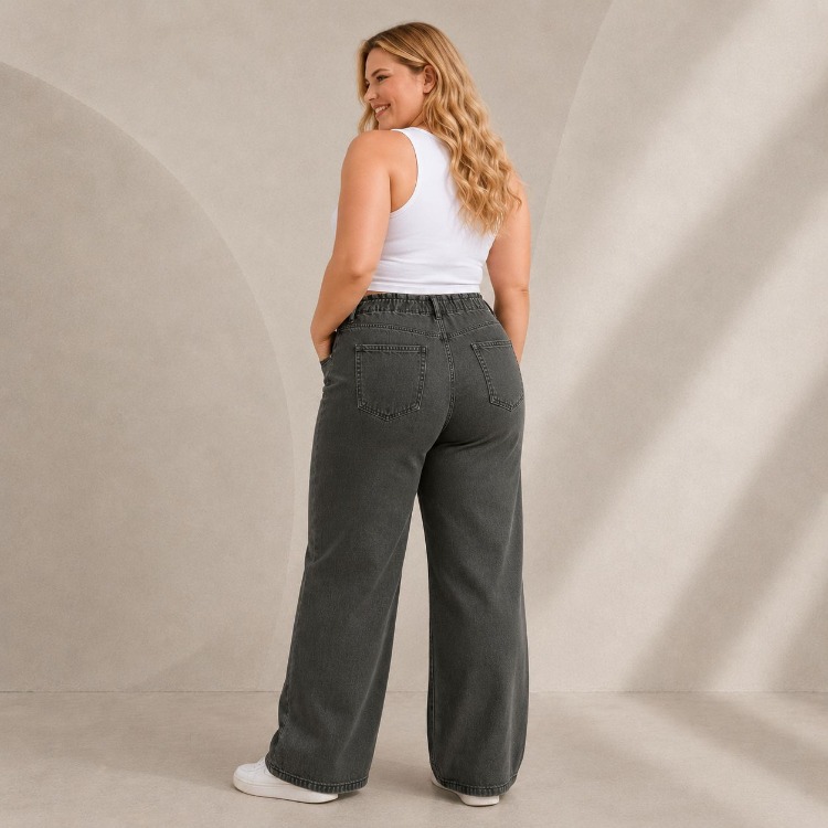 Yeni Sezon-Yüksek Bel Lastikli Wide Leg Pantolon - Esnek ve Rahat Kesim Jean-Gri