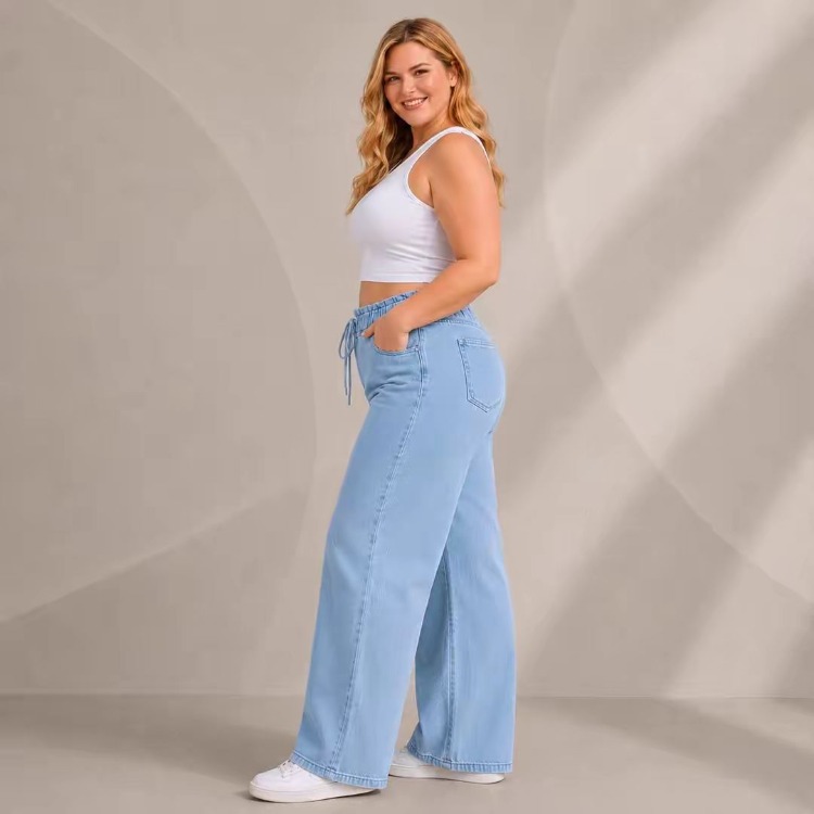 Yeni Sezon-Yüksek Bel Lastikli Wide Leg Pantolon - Esnek ve Rahat Kesim Jean-Kot Mavisi